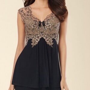 Soma Black Pajama Top with Tan Lace